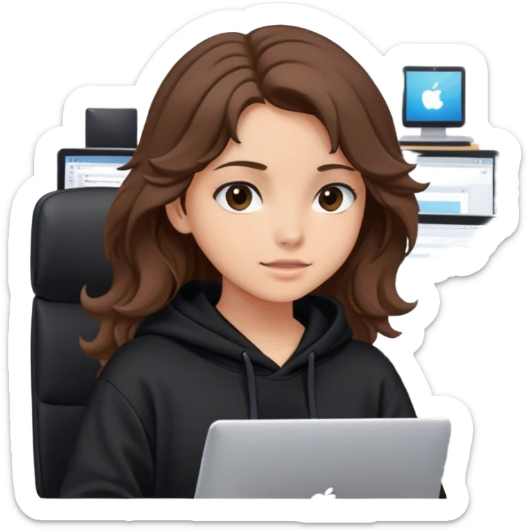Girl with wavy brown hair wearing a black hoodie holding the computers, setting in her office  sticker