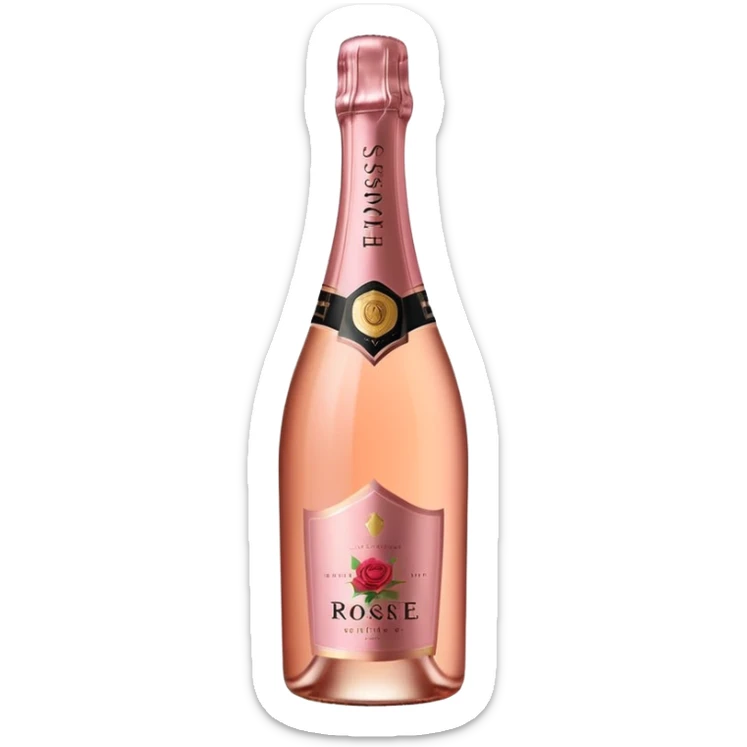 bottle of sparkling rosé champagne with a rose logo on the label, tilted up and to the left, no glass sticker