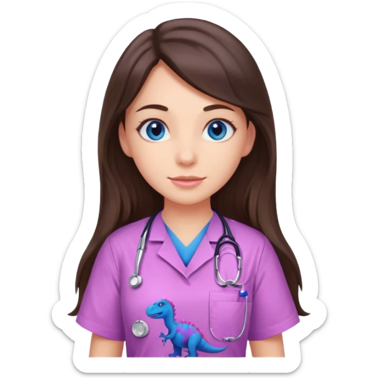 pretty brunette nurse with long hair and blue eyes in pink and purple dinosaur pattern scrubs sticker