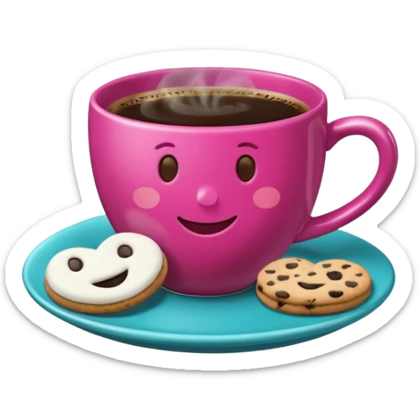 cup of coffee, steaming, the smoke should come out in the shape of a heart, the color of the cup is fuchsia, the cup has a happy face printed on it, the cup rests on a turquoise blue plate, and there are cookies and sugar cubes around the cup. sticker