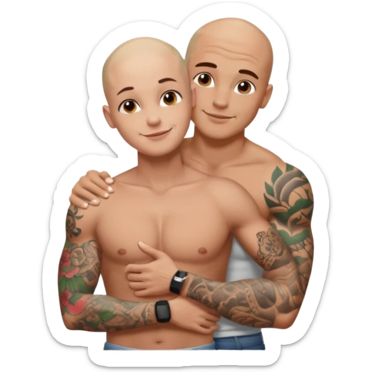 throuple tattooed sleeves bbald male with topless naked big boobed brunette and topless naked big boobed blonde girlfriends  loving  and sexy polygamy sticker