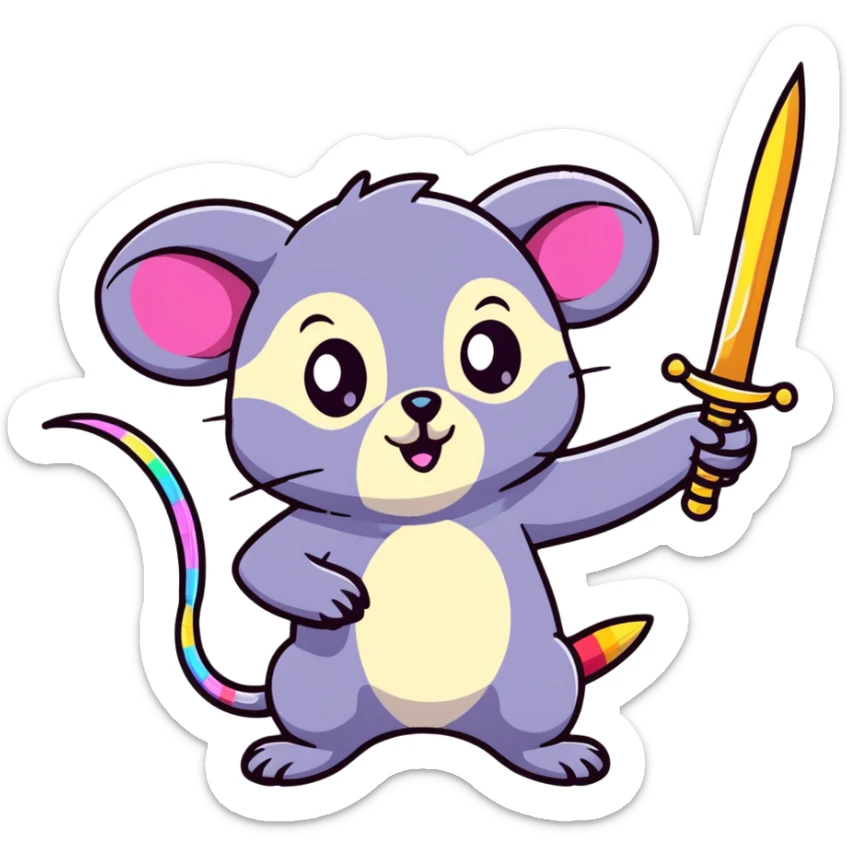 A colorful possum holding a glittery sword, rainbow sparkles, vibrant neon colors, cute big eyes, with stars and hearts background sticker