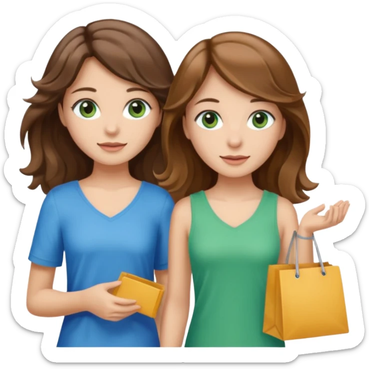 make me and my best friend togheter i have brown hair that falls on my shoulders and BROWN eyes and she has really long wavy brown hair with a little blonde and green/blue eyes we are shopping and i have BROWN eyes and i am taller than her sticker