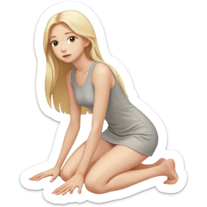 a young thin woman, kneeling on the floor, long hair, blonde, naked, looking up, blowjob ready, hand behind back sticker