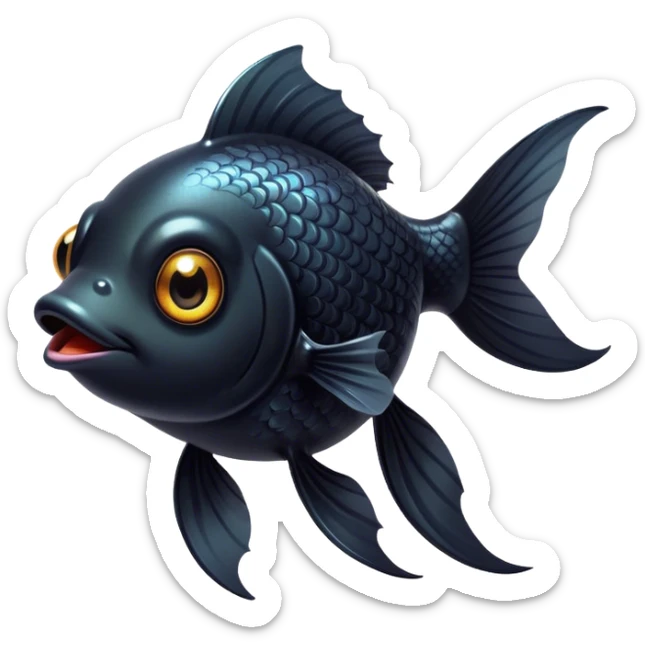 Cinematic Cute Black Goldfish Portrait Emoji, Head tilted playfully and inquisitively, featuring a glossy, deep black body with shimmering scales and round, sparkling golden eyes filled with curiosity, Simplified yet irresistibly adorable features, highly detailed, glowing with a warm, friendly glow, high shine, affectionate and lively, stylized with a touch of whimsy, bright and endearing, soft glowing outline, capturing the essence of a mischievous yet loving goldfish, so playful it feels like it could swim out of the screen and into your heart! sticker