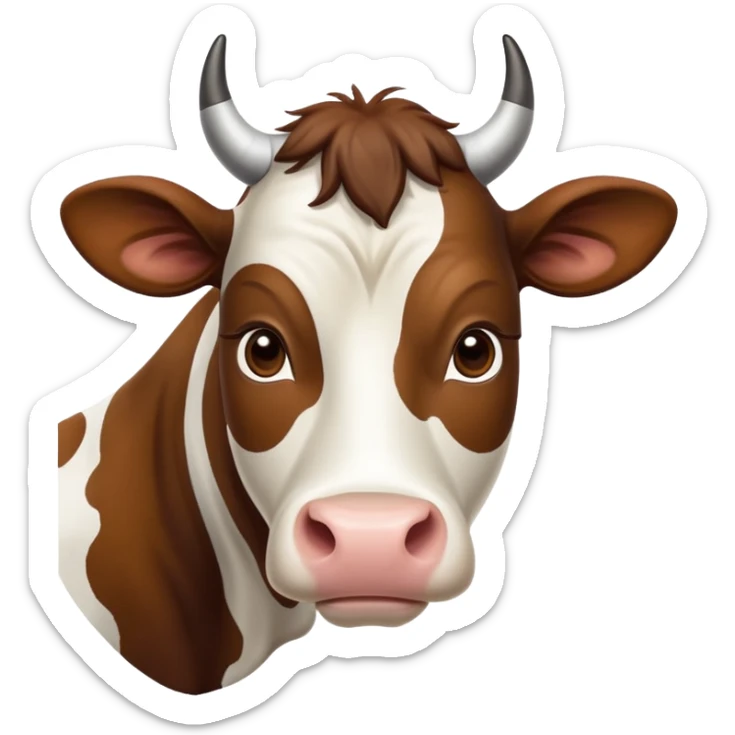 cinematic-noble-brown-and-white-cow-portrait-emoji,-poised-and-regal,-with-a-large,-sturdy-build-and-a-beautifully-patterned-hide-of-rich-brown-accented-by-crisp-white-patches,-deep-set-soulful-brown-eyes,-simplified-yet-sharp-and-sophisticated sticker