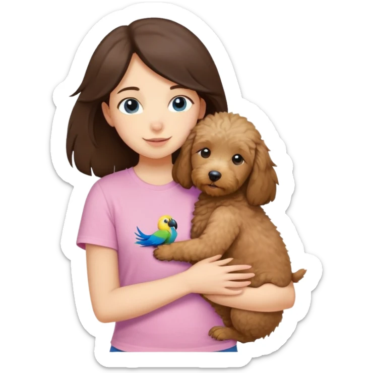 One girl with medium long dark brown hair dressing baby pink T-shirt, hugging One little brown coated labradoodle and a yellow-headed, blue-bellied macaw sticker