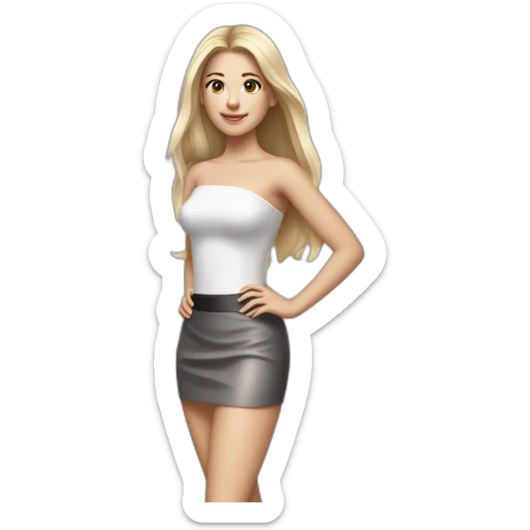 hyperrealist caucasian long hair blonde brown eyes strapless white top gray tight mini skirt black shoes full body sticker