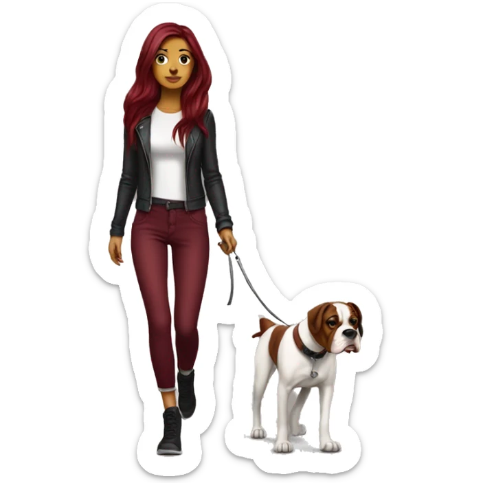 Beautiful tattooed  burgundy long haired woman walking a boxer dog sticker