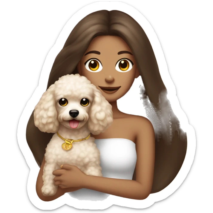 Long straight hair brunette girl , in white strapless top holding a golden toy poodle  sticker