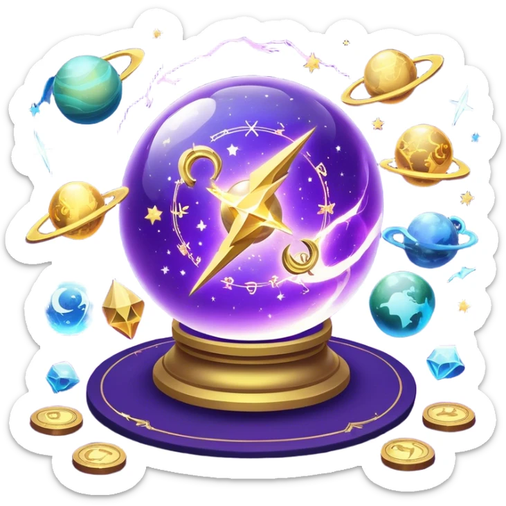 A mystical, glowing crystal ball with swirling sparkles and lightning bolts inside, surrounded by zodiac signs and planets floating in space, with tarot cards spread out on the table around the ball. Use bright purples, blues, and golds to create a magical, mysterious vibe. transparent background.  sticker