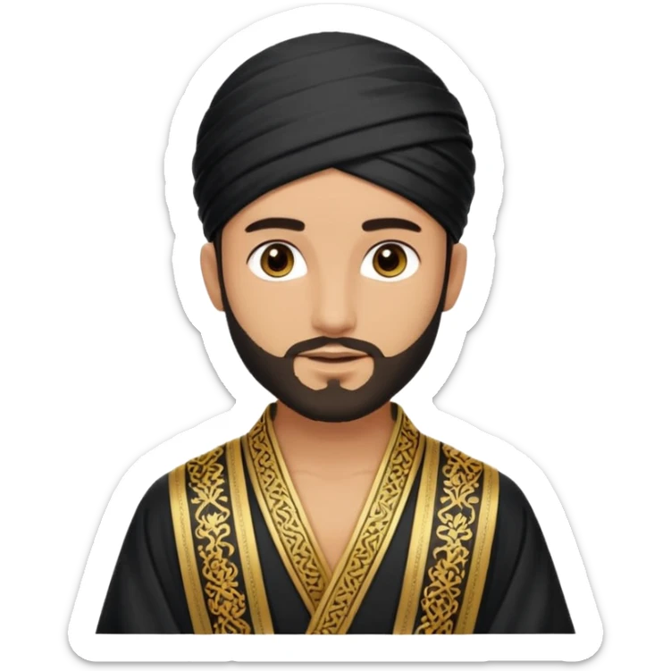 
-Apariencia: Joven de unos 25-30 años, atractivo,.
-Rostro: Ojos oscuros, piel ligeramente morena, rasgos árabes finos.
-Cabello: Negro, algo rizado o suelto, con barba fina.
-cuerpo entero Cuando se revela su identidad, puede llevar una túnica más oriental, con faja y turbante sencillo. sticker