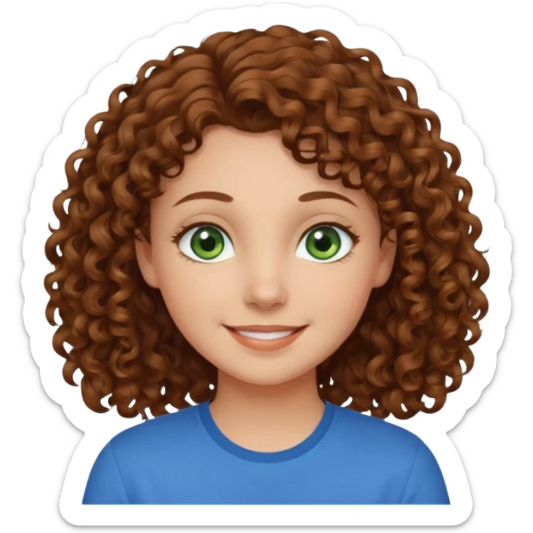 girl with brown hair, green eyes with a blue shirt no background ,young with curly hair smileing sticker