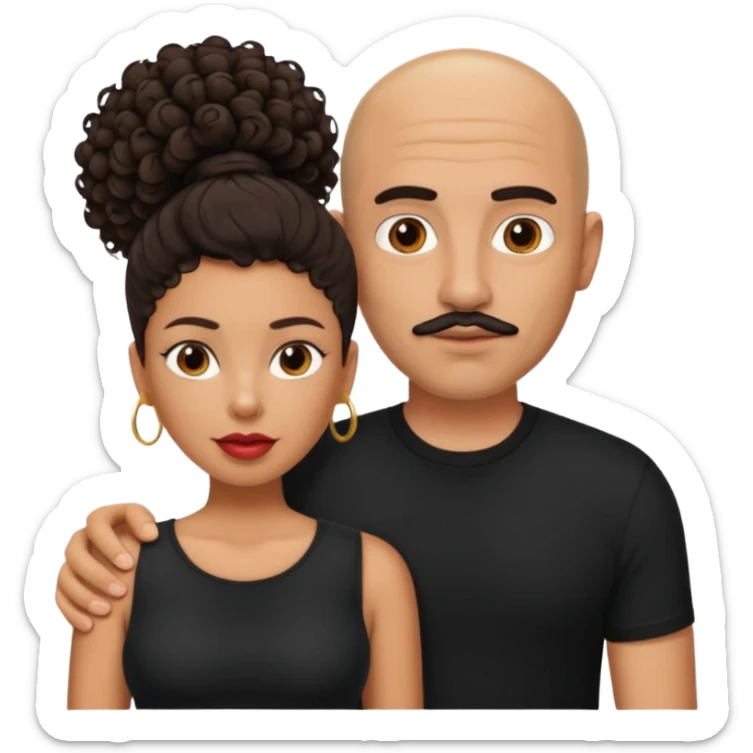 A picture of a tanned couple. the man is a Mexican man with tanned skin, a bald hair cut, short beard and wearing a black shirt. the woman is mixed, with curly medium length hair, with big boobs and lips  sticker