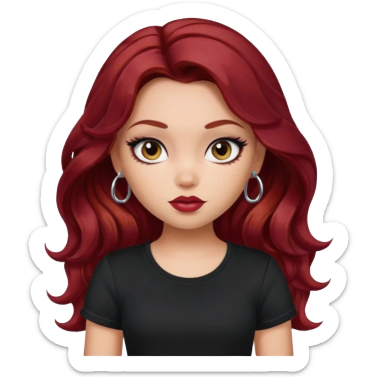 a pretty fair bratz girl with wavy dark red hair, wearing a black tee. eyeliner on sticker