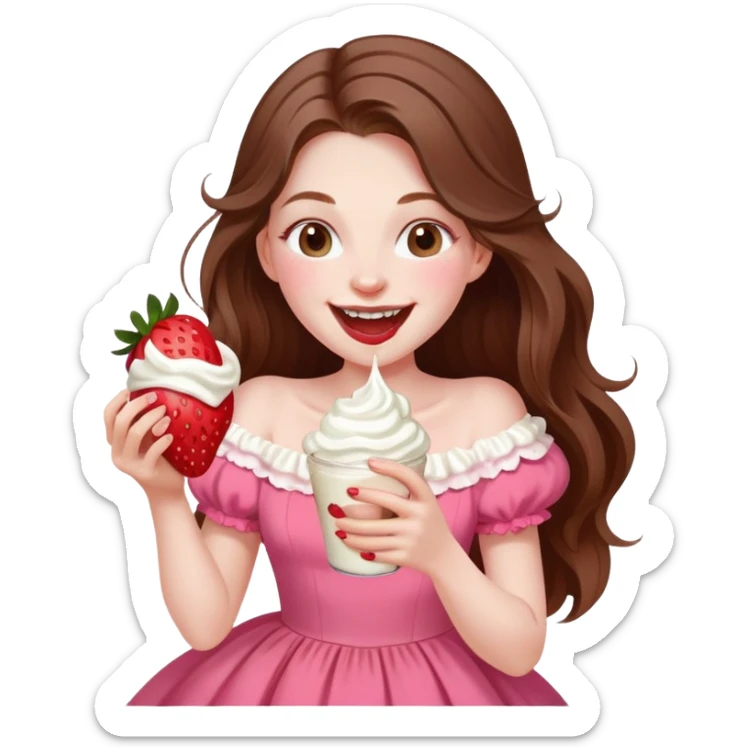 Girl with long brown hair eating strawberries and whipped cream, laughing pale pink elegant   sticker