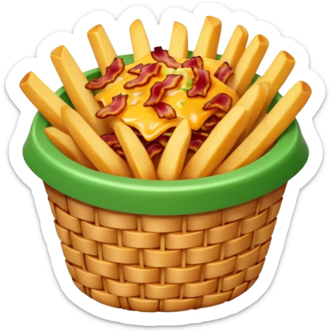 Basket of fries with melted cheese, bacon, and green onion sticker