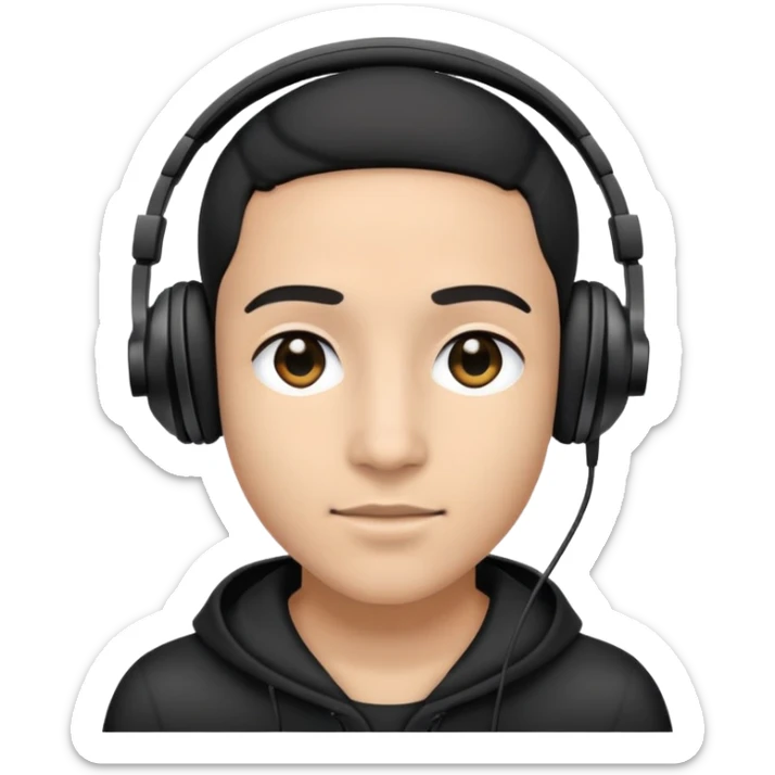 Just a face with mixed-race color skin, black eyes, and a black over-ear headphones sticker