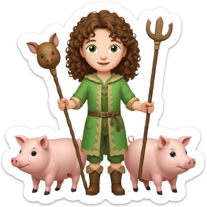 happy young shepard, long curly brown hair, in green magical outfit, with wooden shepard stick in hand, taking care of pigs sticker