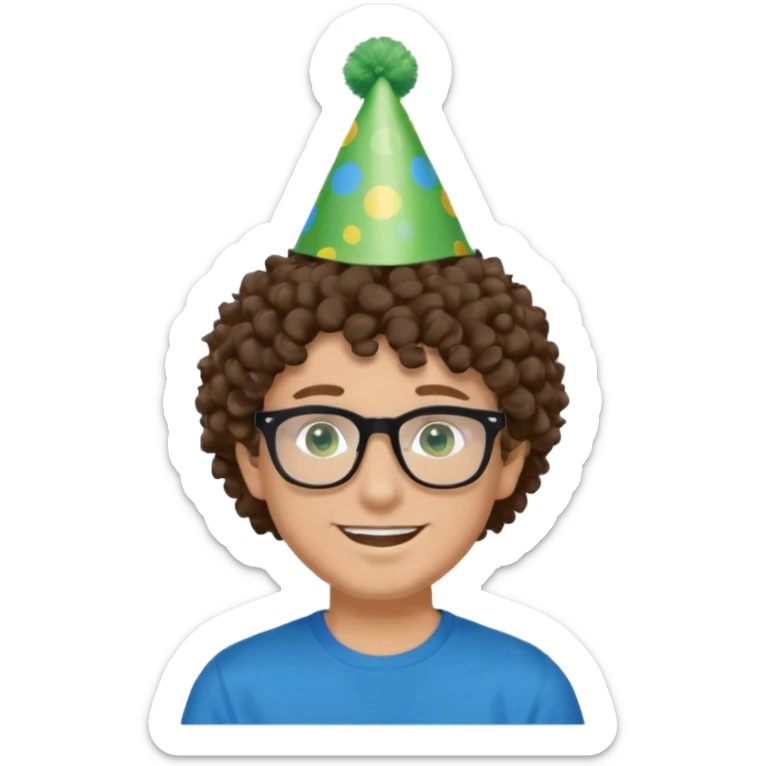 A white guy with curly brown hair and green eyes with a happy face, and wear square black glasses.He’s also got a full silver birthday party hat on his head with blue pom poms on top of it, and his T-shirt is all black, he wears a little gold circle earrings on his left  sticker