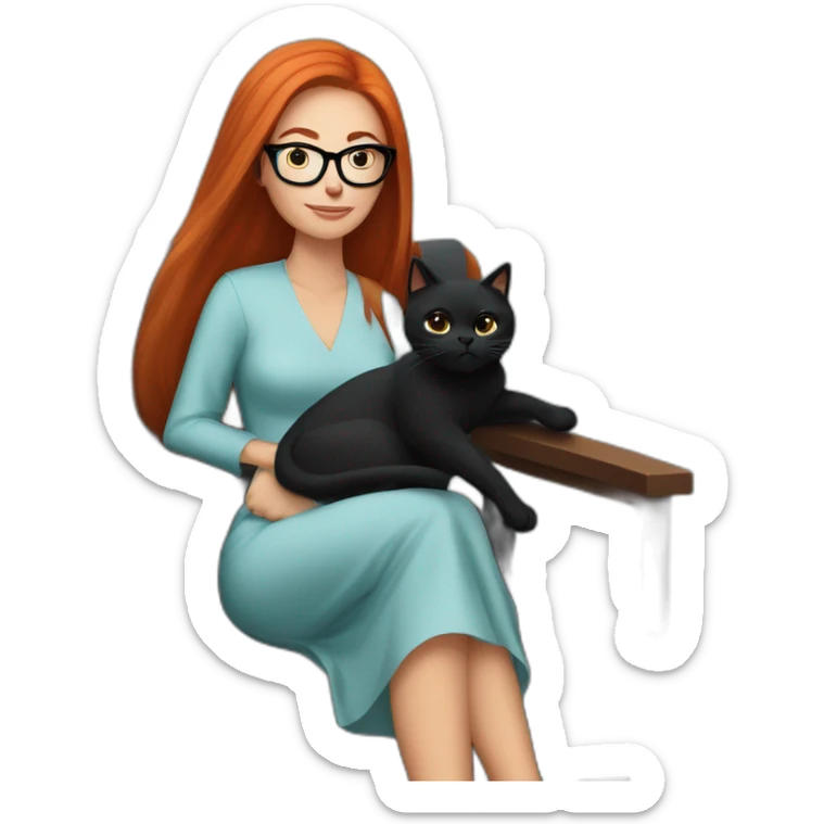 woman with long straight red hair and black-rimmed glasses, in a dress, sitting in an armchair, with a black cat on her lap sticker