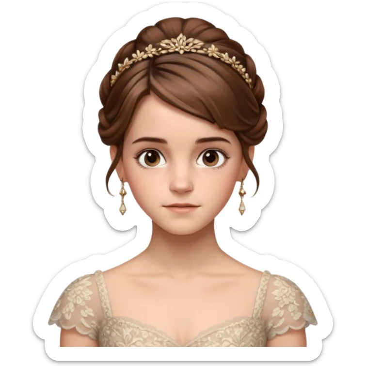 Cinematic Emma Watson Realistic Rococo Portrait, depicted with lifelike skin texture, subtle rosy undertones, and soft natural lighting that enhances the gentle contours of her face. Her intricately detailed brown hair is elegantly styled in an updo, sticker