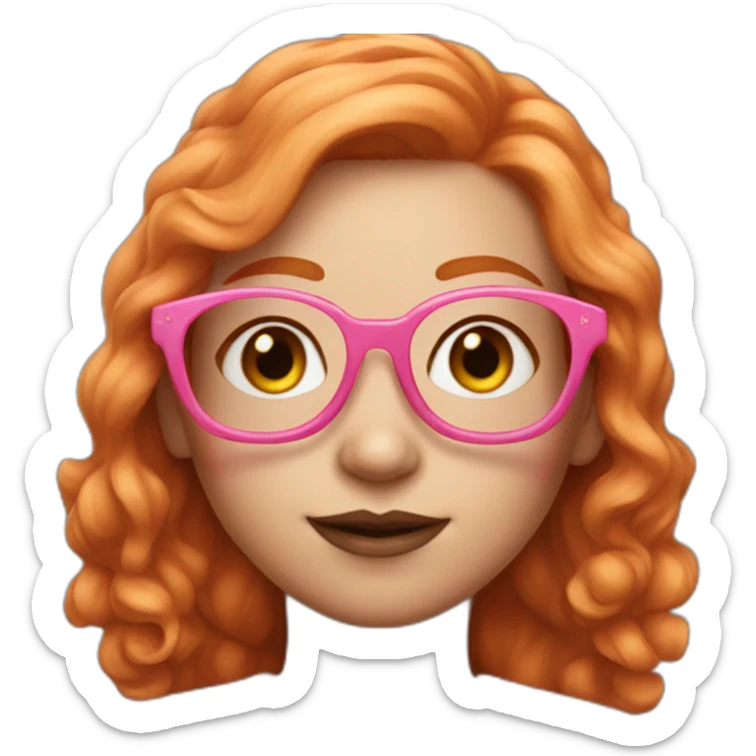 Ginger girl with makeup and pink glasses, shoulder length hair, wearing pink sticker