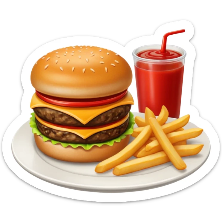 i want a Cheeseburger and Fries with a angle to 15–20° gentle bird’s-eye angle with 2 sauce round plate one is white and other is red with some fries thicker like mcdonald's sticker