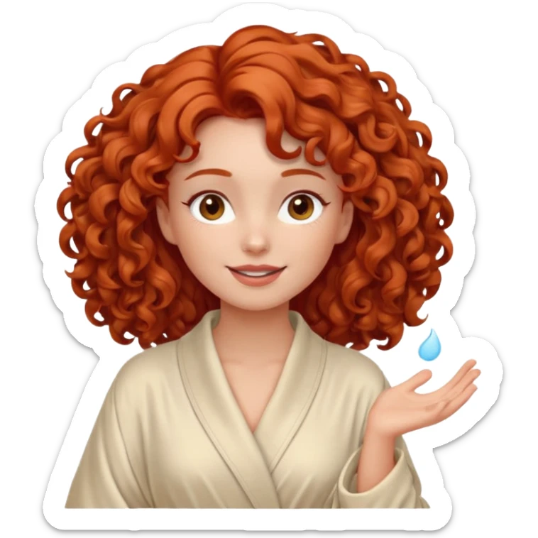 Cartoon emoji of a girl with voluminous curly red hair, fair skin, warm brown eyes. Wearing a chic milky silk robe with long sleeves, no makeup. Portrait mode, giving herself a face massage, joyful and relaxed. Smooth, simple, stylized. sticker