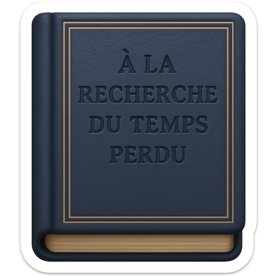 Create an emoji of a classic French book inspired by 'À la recherche du temps perdu' with a navy blue cover, embossed title, elegant and minimal design, no text. Maintain a classic and refined look. sticker