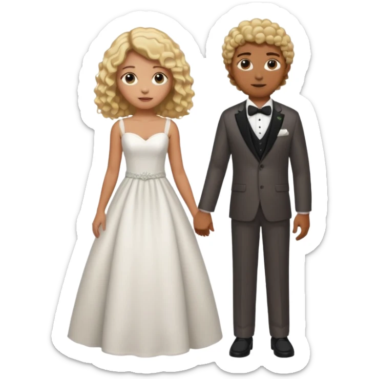 Blonde brown  skin girl skin in wedding dress curly hair with white men next too her with a suit on and straight brown  hair sticker