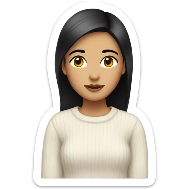pretty girl with black straight hair and brown eyes with a white sweater sticker