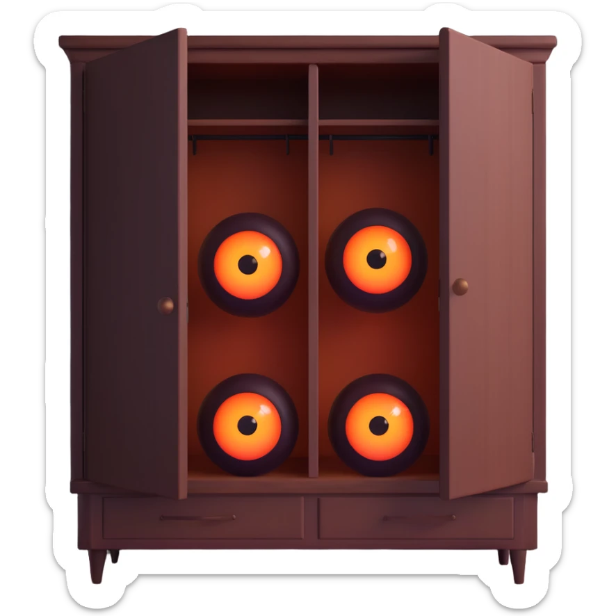 creepy glowing eyes in the shadows of a wardrobe, evoking the boogeyman sticker