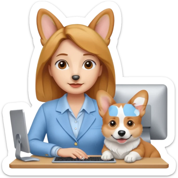 perrita caricatura gorgi gales ejecutiva con ropa celeste claro mujer frente a computadora sticker