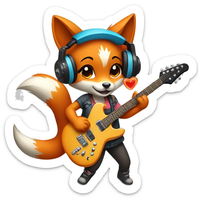 cute girl fox wearing headphones and playing an electric guitar sticker