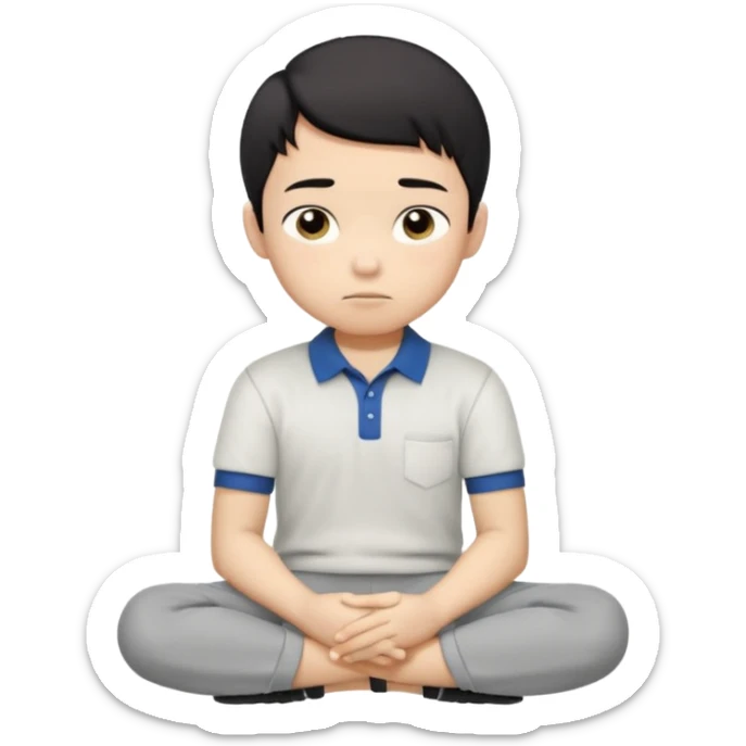 Cartoon Asian boy sitting cross-legged, clearly resting his closed fist against his cheek, looking thoughtful with a slight smirk. White polo, gray pants, black shoes, large eyes, short black hair. Clean vector style, flat colors, black background. sticker