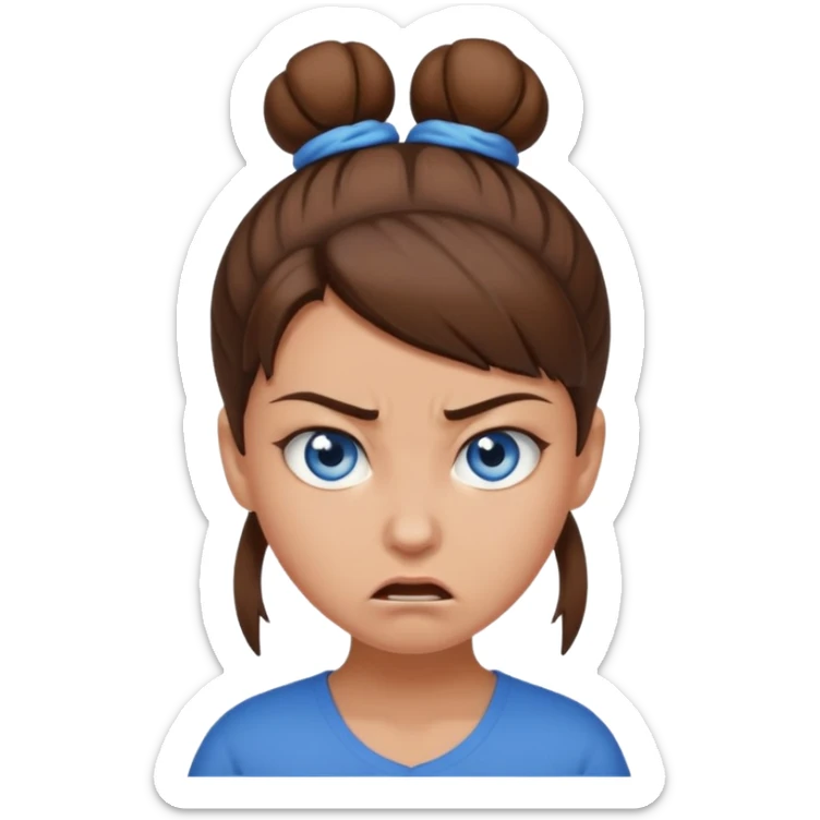 girl with blue eyes, brown hair in an angry brown bun sticker