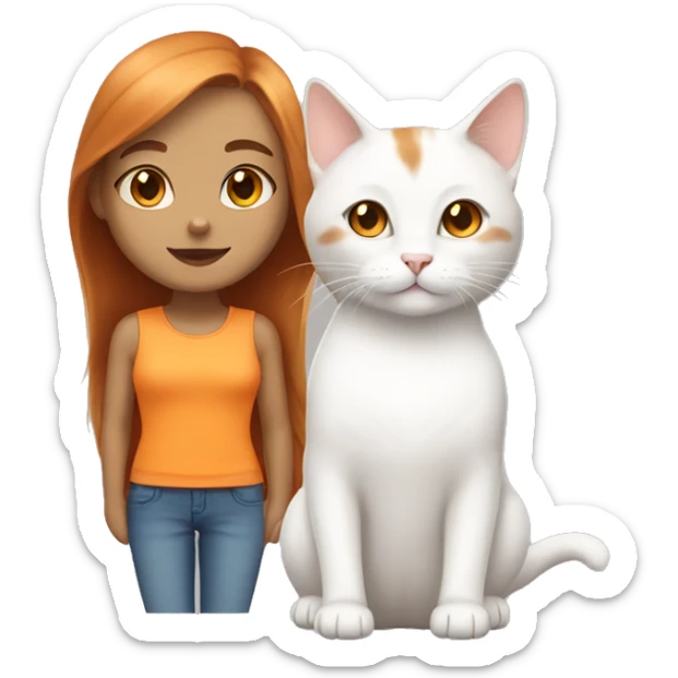 White and orange cat and girl with brown hair and light skin  sticker