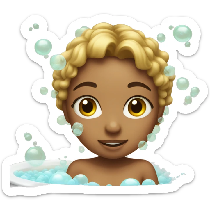 Girl in a tub full of bubbles. Show the tub sticker