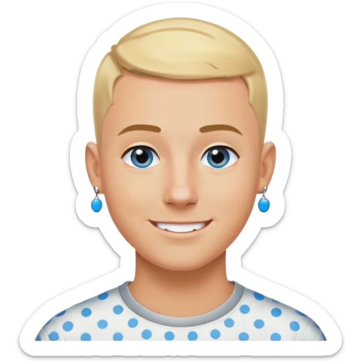 Man with blue eyes and messed up short blonde hair buzz cut at the sides and very tanned with a good smile and black dot earrings sticker