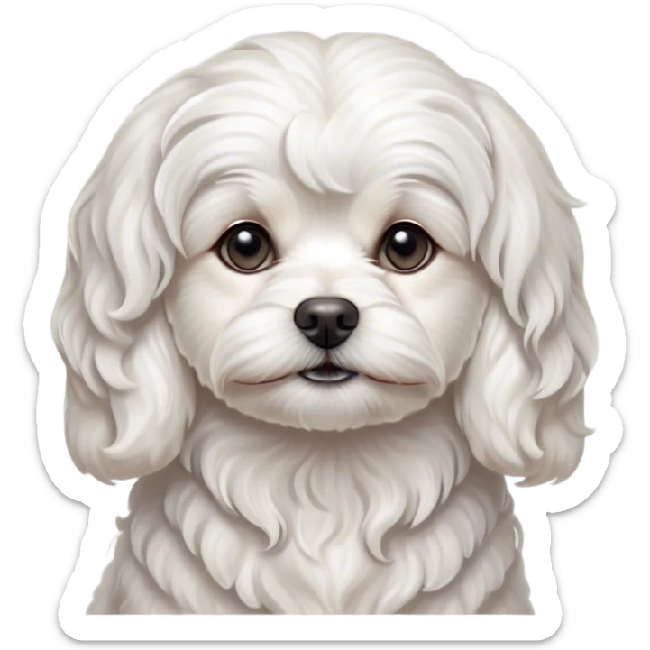 Cinematic Noble Wavy-Haired Maltese Portrait Emoji, Poised and regal, with a delicate, compact build and a pristine, wavy-haired white coat that cascades in gentle curls, deep-set soulful dark eyes, Simplified yet sharp and sophisticated features, highly detailed, glowing with a soft, dignified glow, high shine, intelligent and gentle, stylized with an air of refinement, focused and attentive, soft glowing outline, capturing the essence of a watchful and graceful companion, so majestic it feels as though it could prance out of the screen with effortless authority! sticker