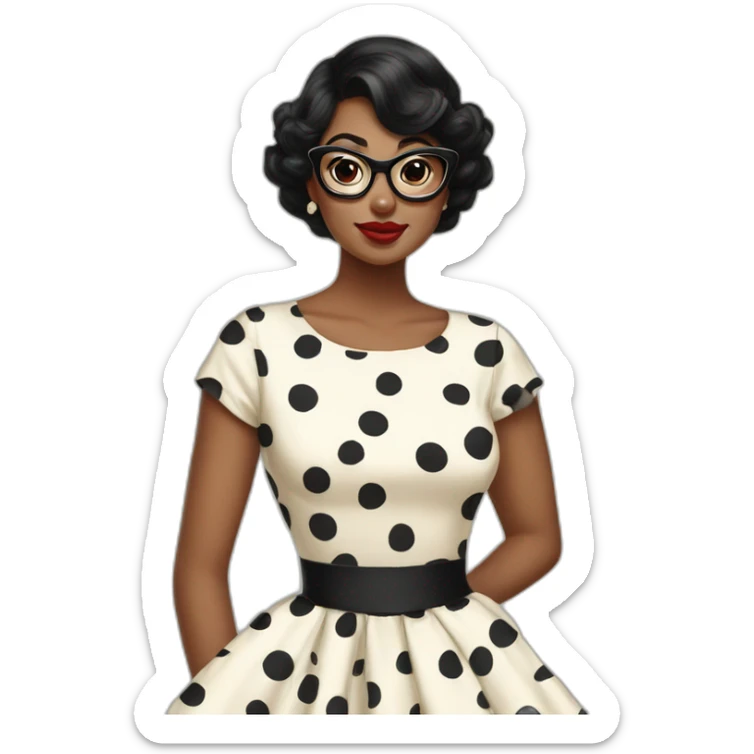 Black haired woman who wears classic pinup dresses with polka dots and big eyecat glasses  sticker