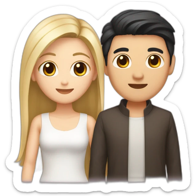 A couple consisting of asian korean man with dark eyes and hair tanned skin and white girl with long straight blonde hair and brown eyes sticker