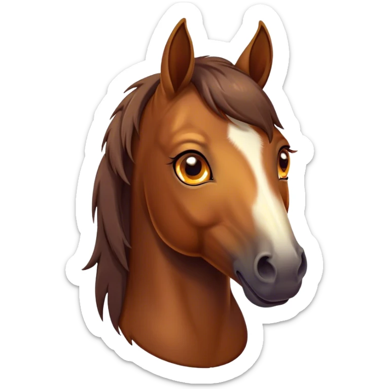Cinematic Cute Bay Horse Portrait Emoji, Head tilted playfully and inquisitively, showcasing a glossy bay fur with a vibrant sheen and expressive amber eyes filled with curiosity, Simplified yet irresistibly adorable features, highly detailed, glowing with a warm, friendly glow, high shine, affectionate and spirited, stylized with a touch of whimsy, bright and endearing, soft glowing outline, capturing the essence of a mischievous yet loving horse, so playful it feels like it could prance out of the screen and into your arms! sticker