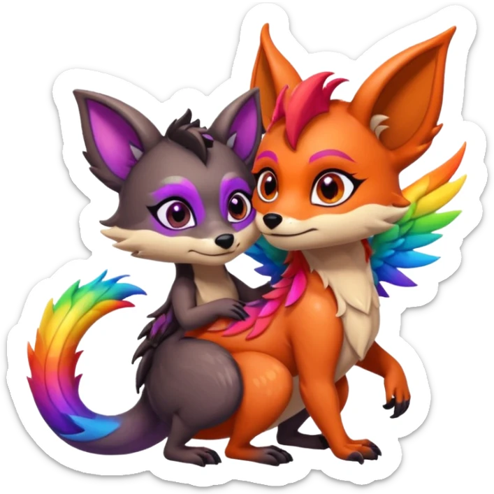 black female raccoon dragon hybrid with rainbow colored wings and purple eyes hugging a red female fox dragon hybrid with rainbow colored wings and orange eyes sticker