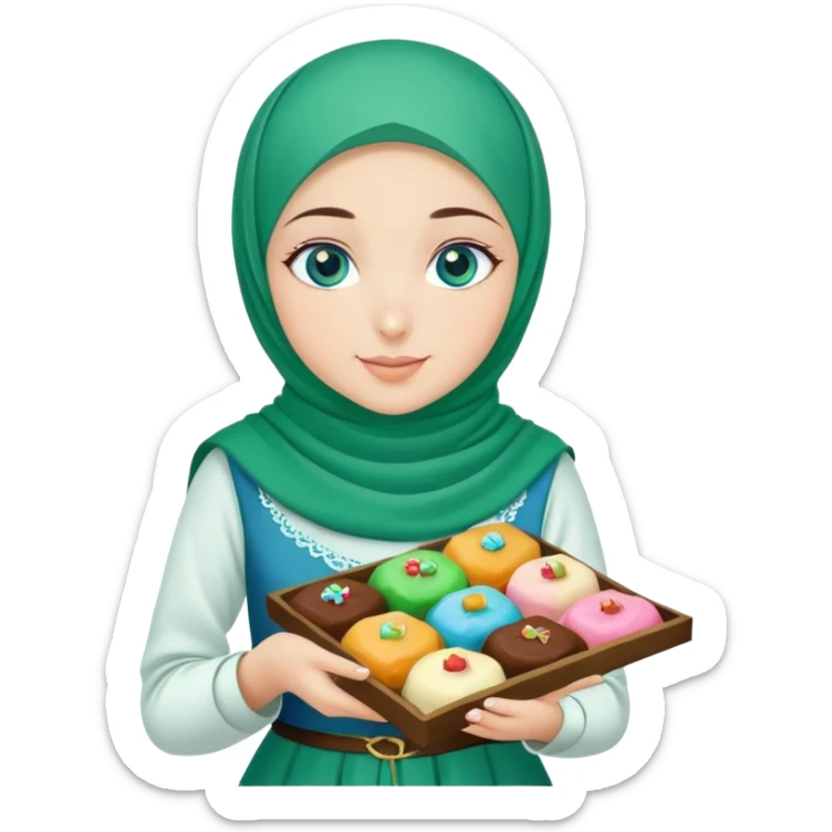 Turkish beautiful finish Konya girl blue eyes with green emerald yelhijab islamic dress and had on her hand text Eid Mubarak with sweets and celebrating with her friends eid days   sticker