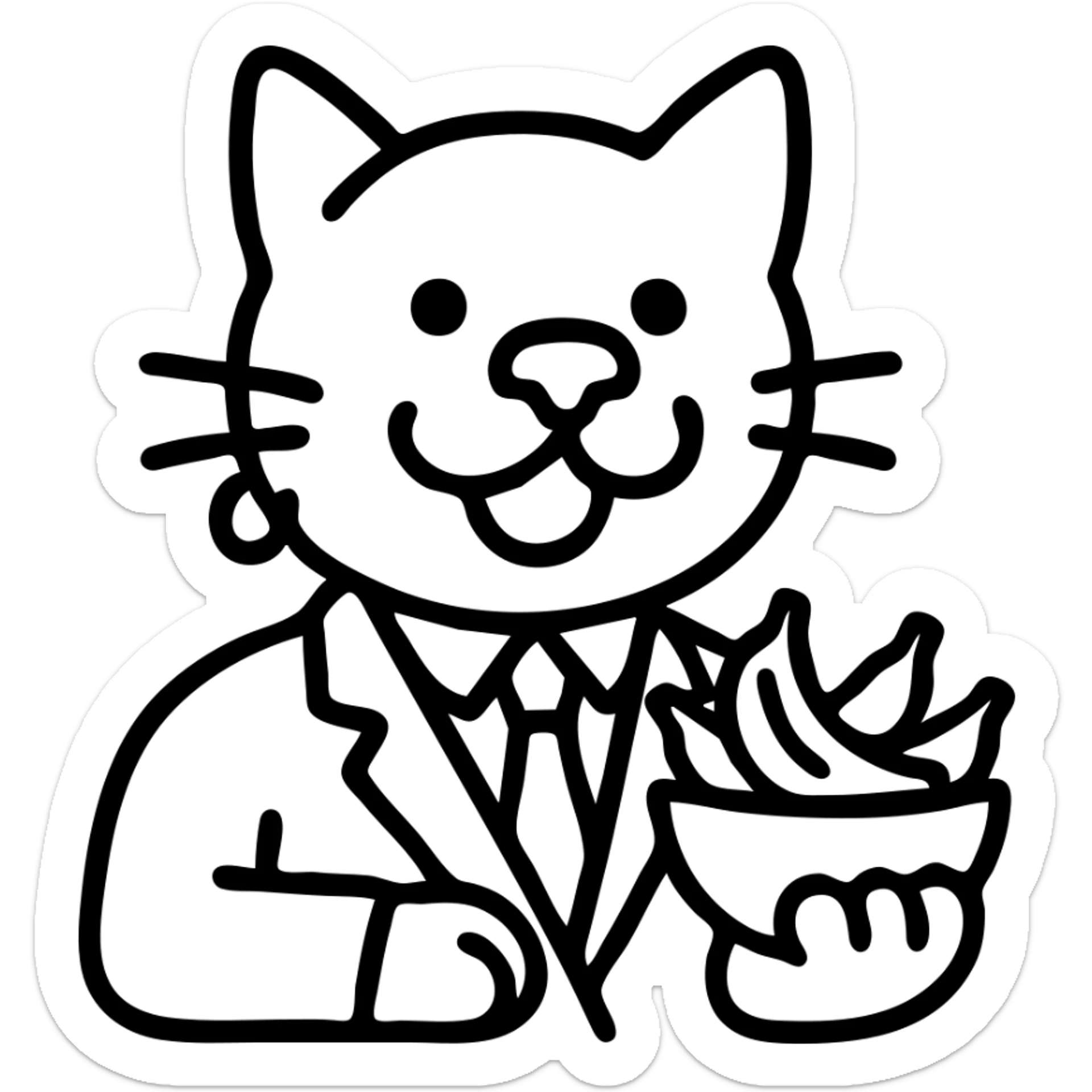 cat with a dog nose, wearing a suit, earring, holding a cup of bananas, playful expression sticker