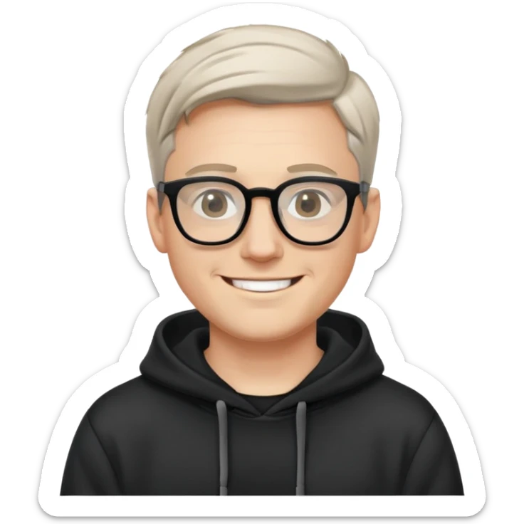 White man, glasses, classic haircut, black hoodie, smile sticker
