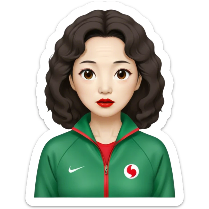 Han Mi-nyeo : Age: Late 60s
Appearance: A middle-aged woman with wrinkles, frizzy, messy dark brown hair and dramatic red lipstick.
Outfit: Green player tracksuit sticker