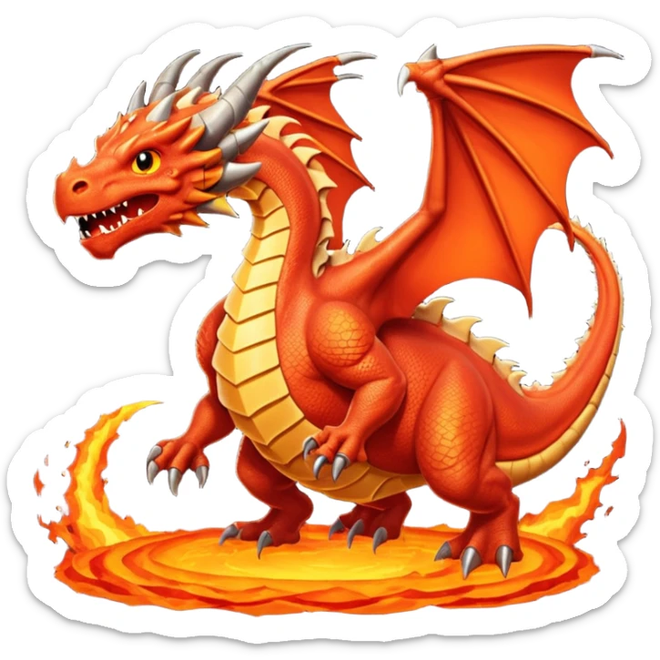Le Molosse de Lave, c’est un monstre volant fait de roche et de magma, genre un dragon golem sorti d’un donjon niveau enfer.
Son corps est énorme, tout en pierre noire craquelée sticker
